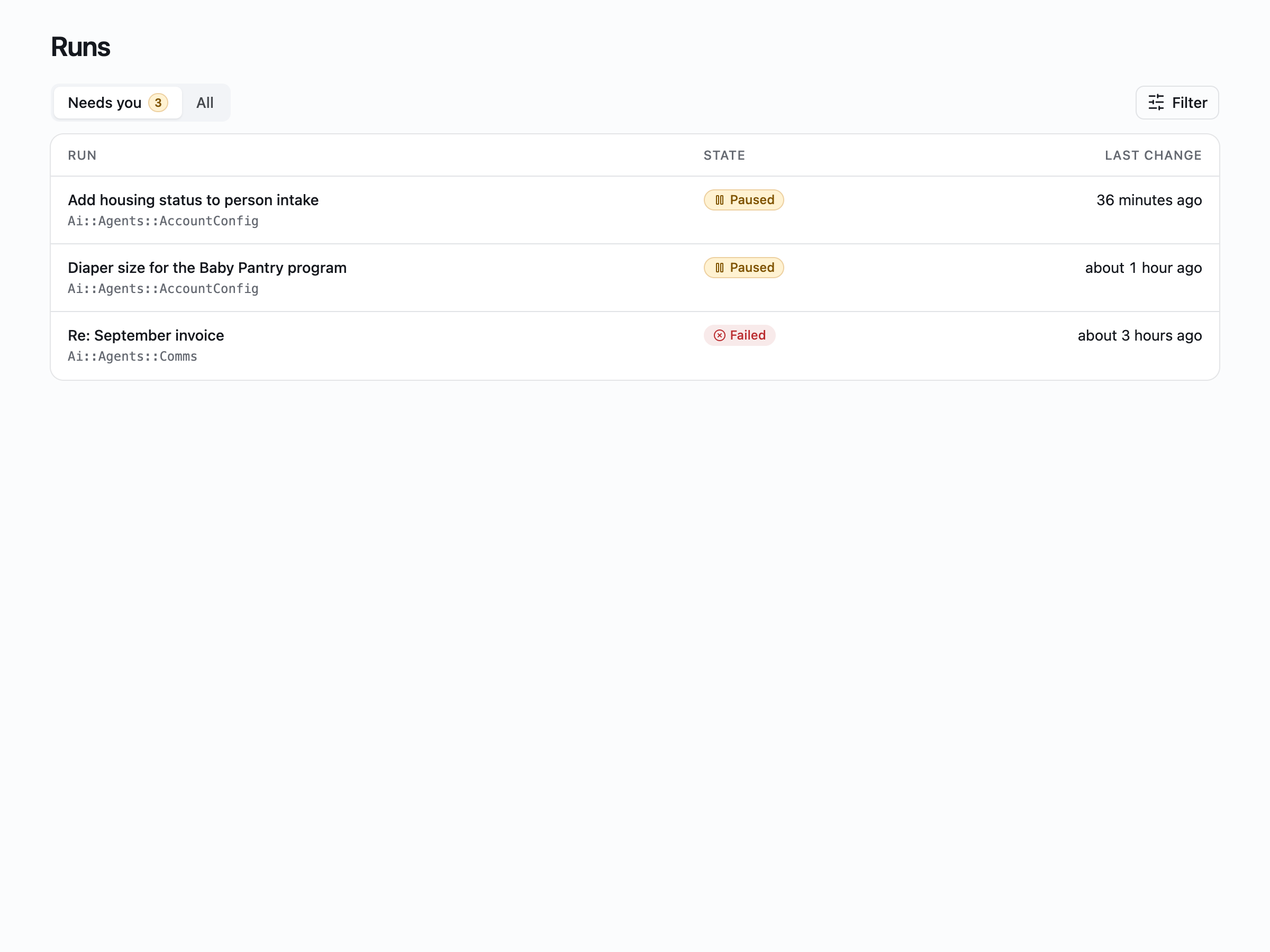 An example runs dashboard from a test setup, with a Needs you tab listing runs that wait on a person